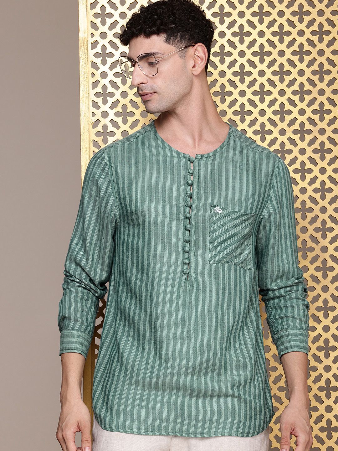 House of Pataudi Round Neck Striped Rozana Kurta