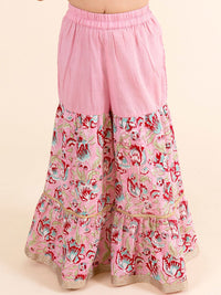 pspeaches Girls Pink Floral Printed Gotta Patti Pure Cotton Kurti with Palazzos With Dupatta