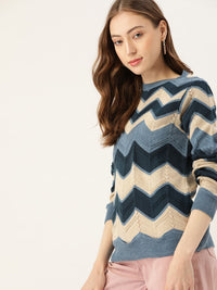 DressBerry Women Navy Blue & Beige Chevron Pullover Sweater