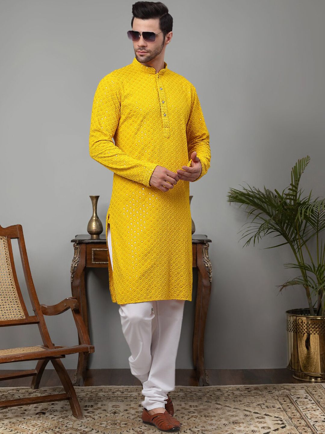 Jompers Floral Embroidered Chikankari Pure Cotton Kurta with Churidar