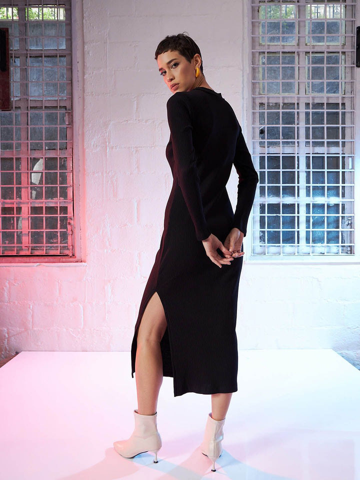 SASSAFRAS Black Round Neck Long Sleeve Cut-Outs Sheath Midi Dress