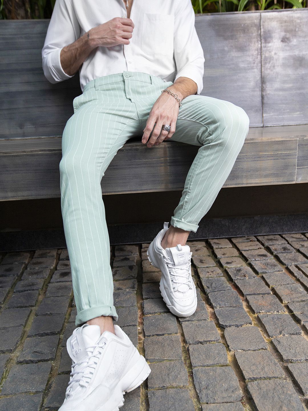 The Indian Garage Co Men Green & White Slim Fit Striped Chinos