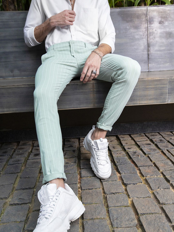 The Indian Garage Co Men Green & White Slim Fit Striped Chinos