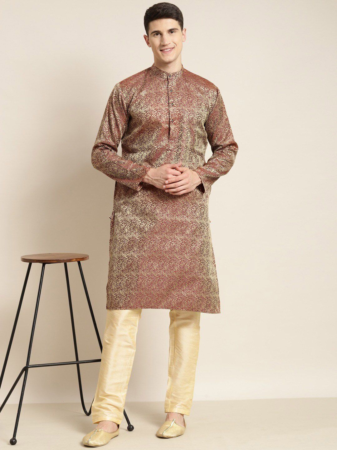 SOJANYA Band Collar Ethnic Motifs Woven Design Kurta