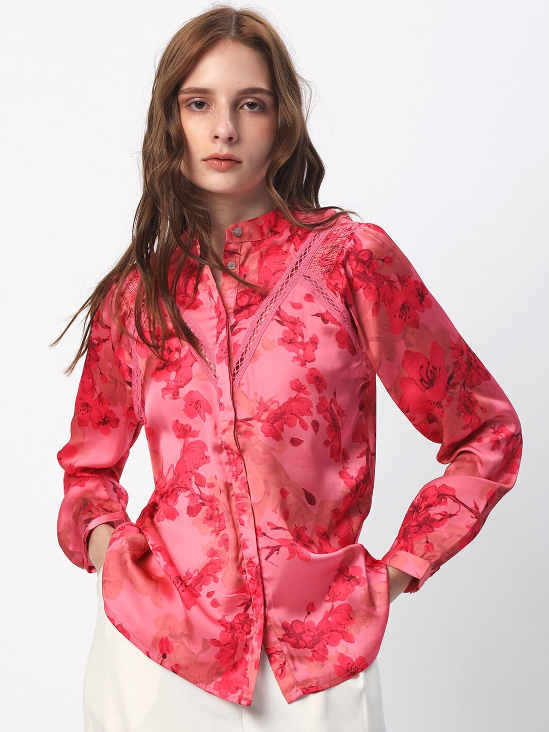 RAREISM Floral Printed Mandarin Collar Cuffed Sleeves Styled Back Top