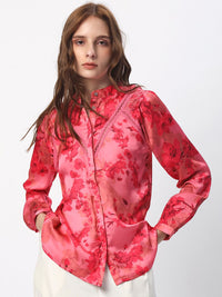 RAREISM Floral Printed Mandarin Collar Cuffed Sleeves Styled Back Top
