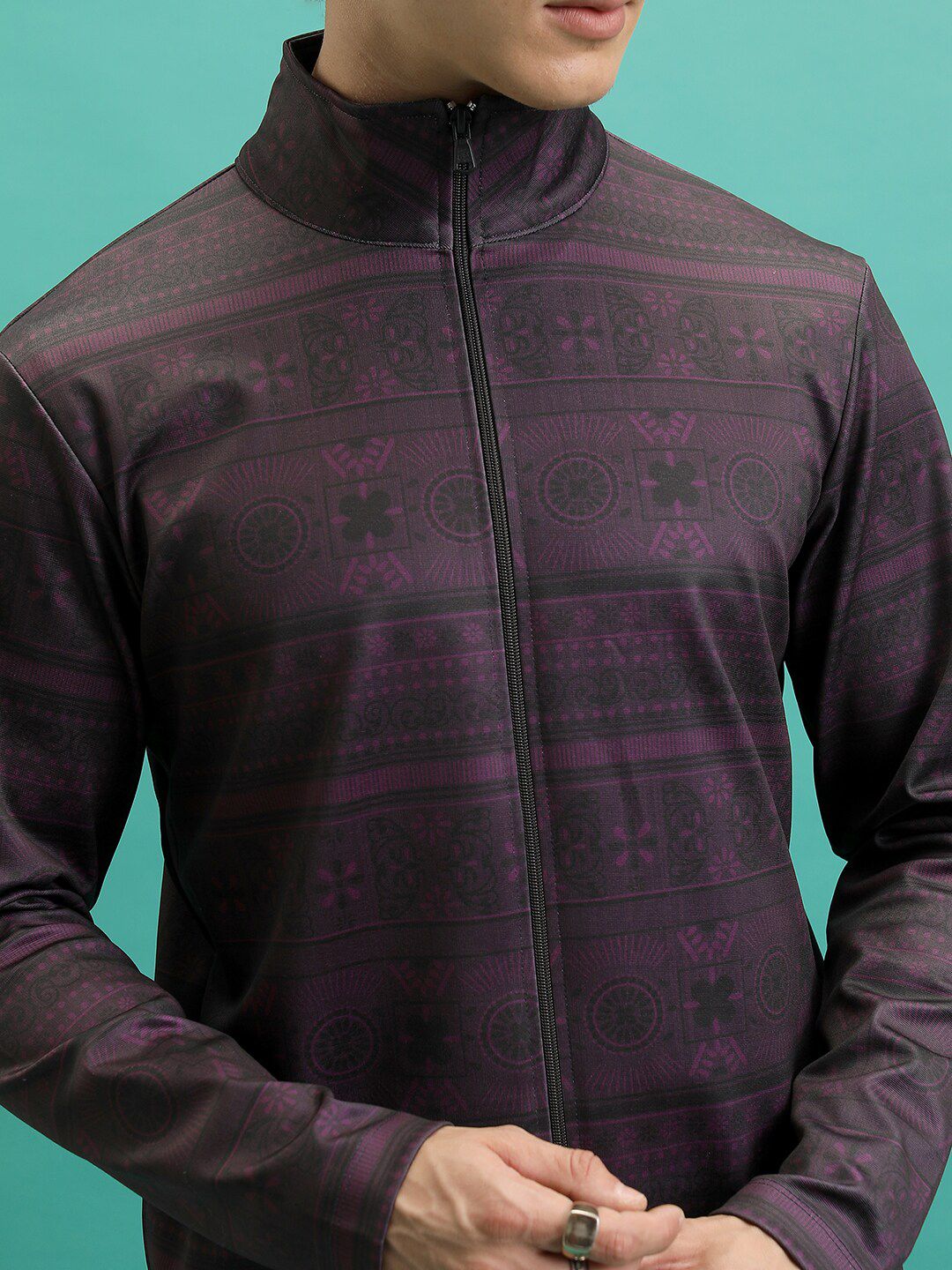 HIGHLANDER Regular Fit Geometric Printed Mock Collar Tailored Jacket