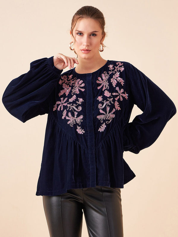 Antheaa Women Embroidered Velvet Top