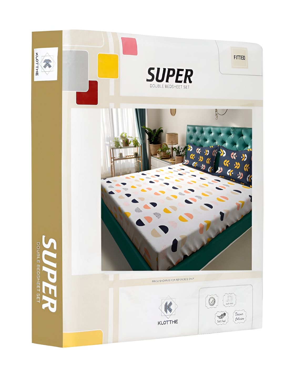 KLOTTHE White & Yellow Geometric Fitted 300TC Double King Cadar 2 Sarung Bantal