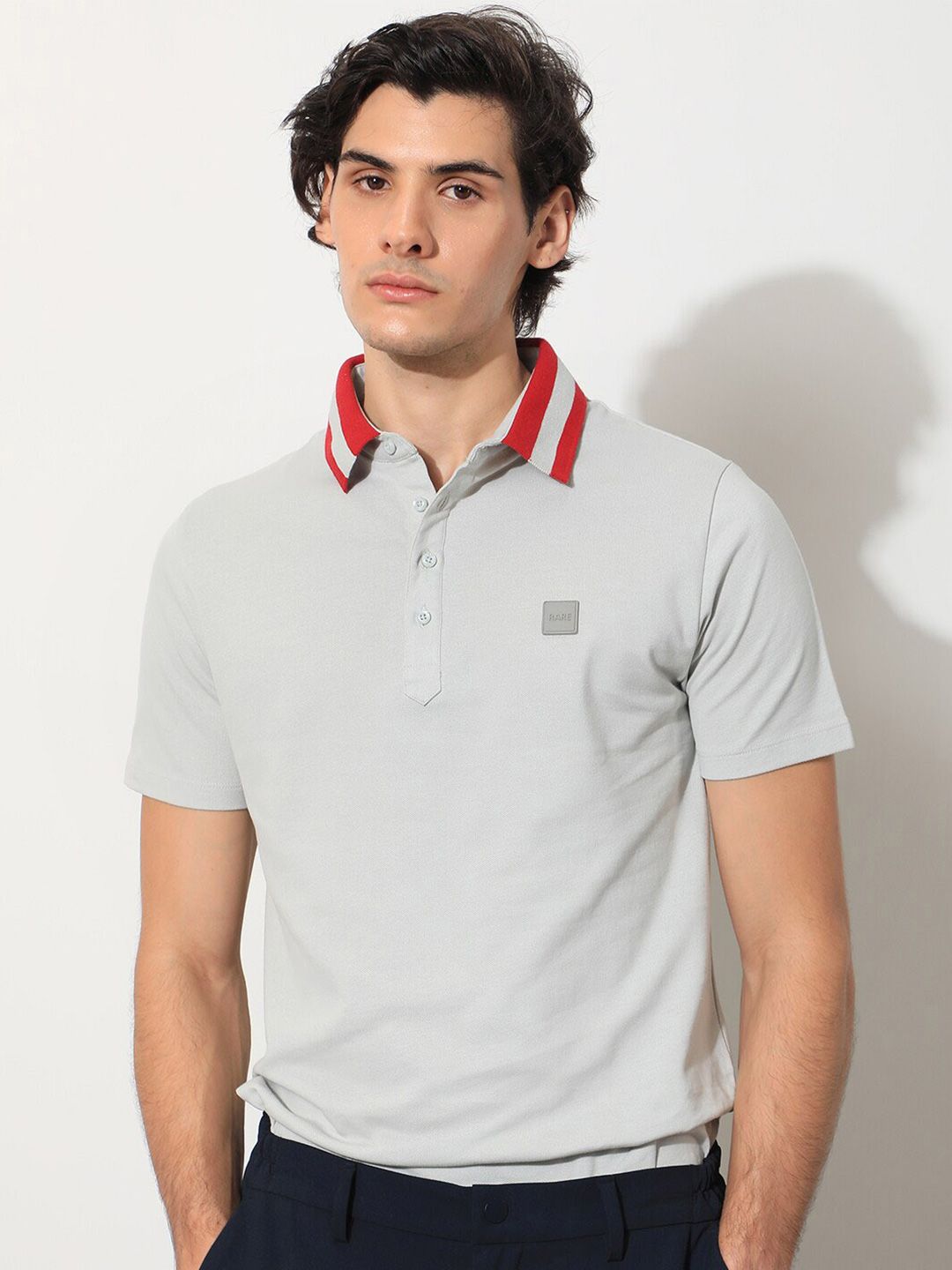 RARE RABBIT Men Divide Polo Collar Slim Fit Cotton T-Shirt