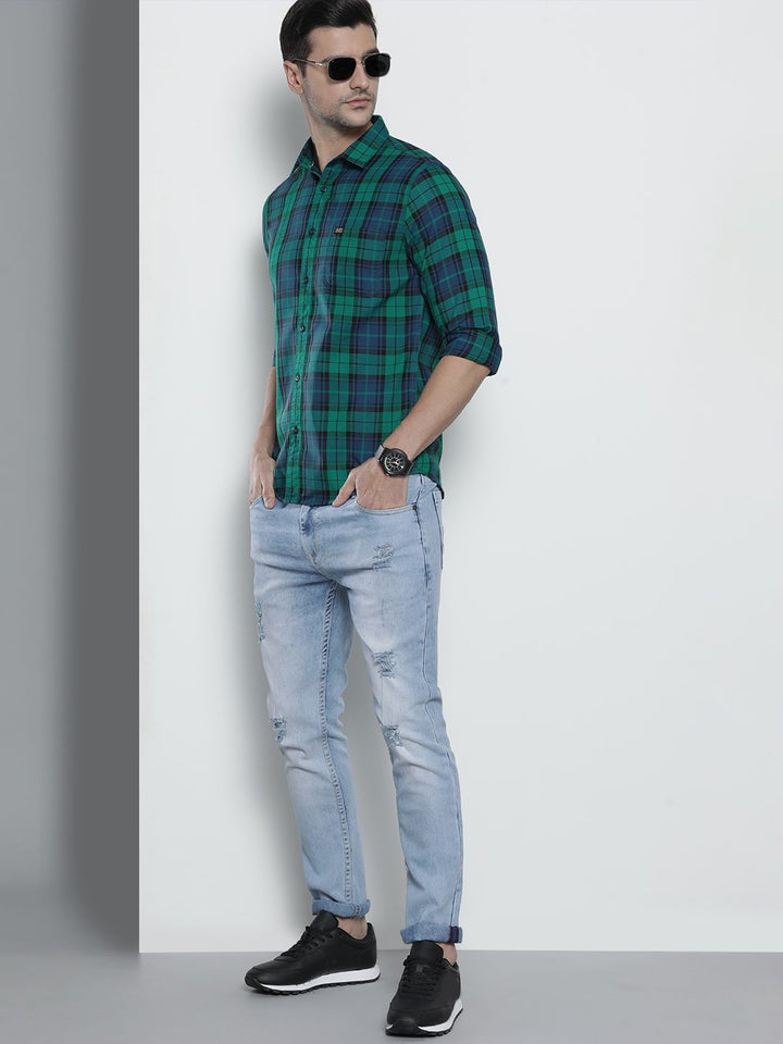The Indian Garage Co Men Blue & Green Comfort Fit Checked Casual Shirt