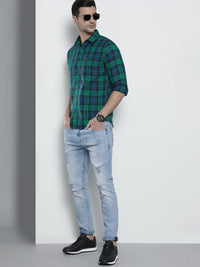 The Indian Garage Co Men Blue & Green Comfort Fit Checked Casual Shirt