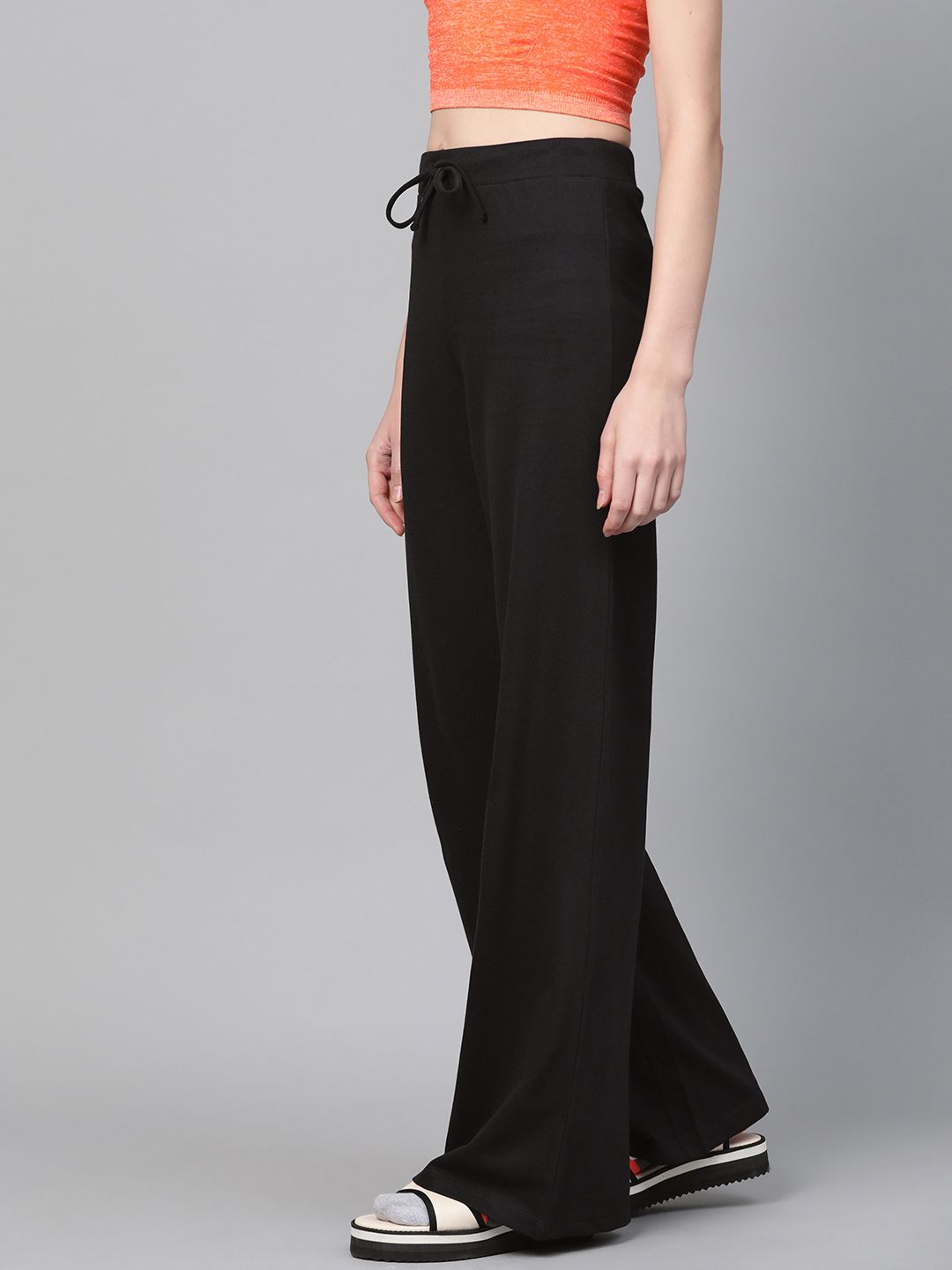 SASSAFRAS Women Black Regular Fit Solid Wide Leg Track Pants