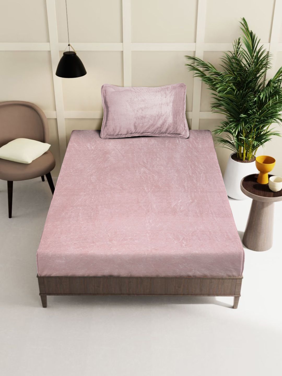 KLOTTHE Pink Woolen 300TC Single Bedsheet With 1 Pillow Cover