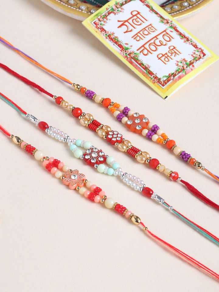 NVR Unisex Set of 4 Floral Artificial Stones and Beads Thread Rakhi With Roli Chawal