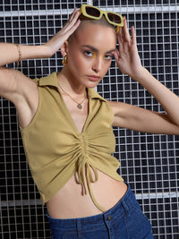 SASSAFRAS Khaki Lace-Up Shirt Style Crop Top