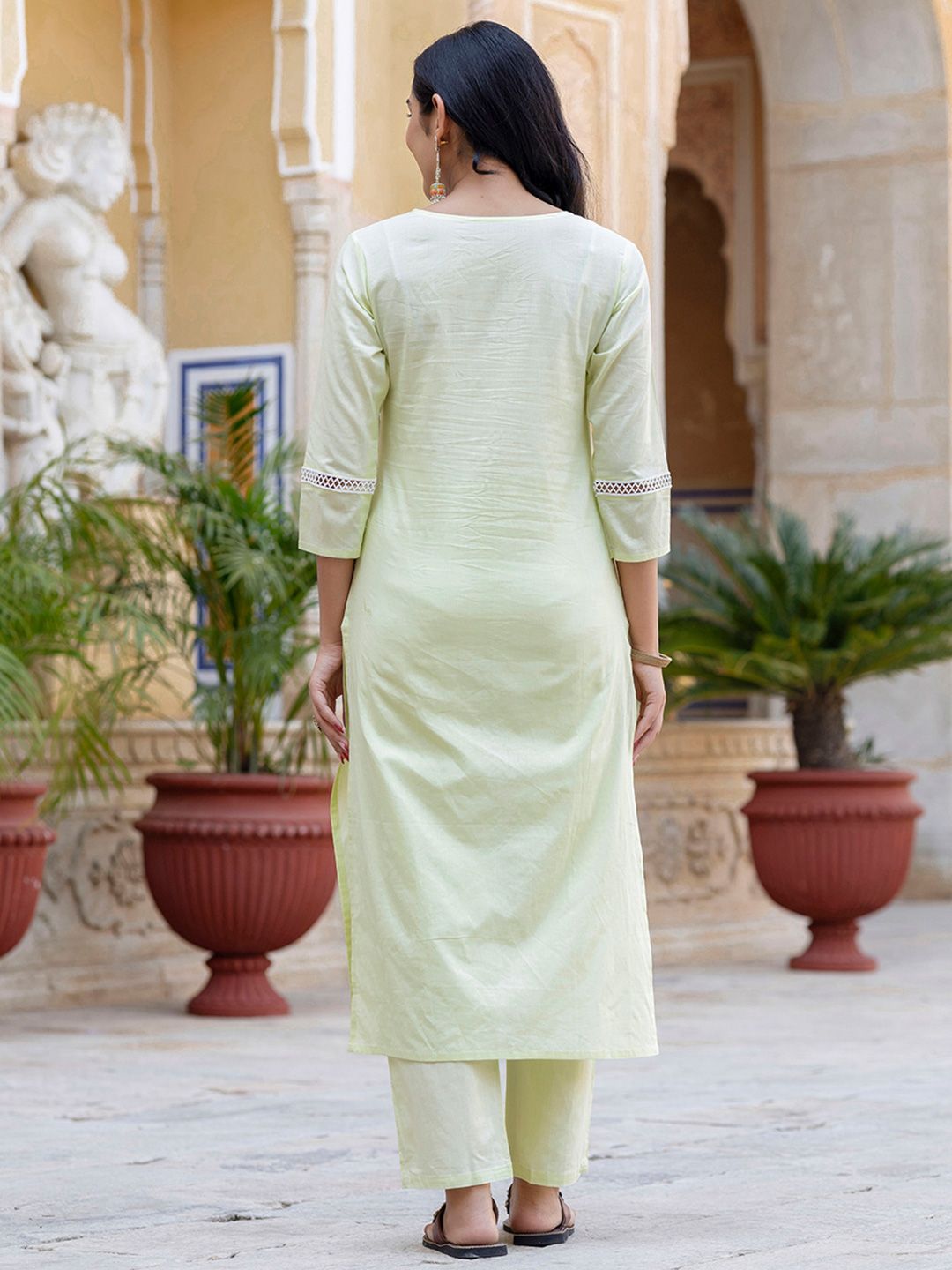 KALINI Floral Embroidered Thread Work Pure Cotton Straight Kurta With Trousers & Dupatta