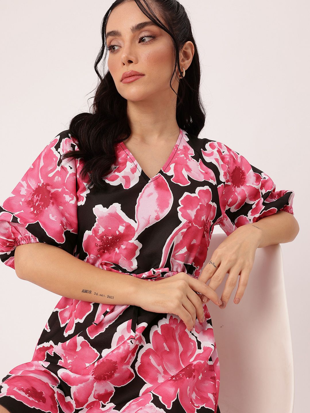 DressBerry Edgy Chic Bloom Printed Waist Tie-Ups A-Line Mini Dress
