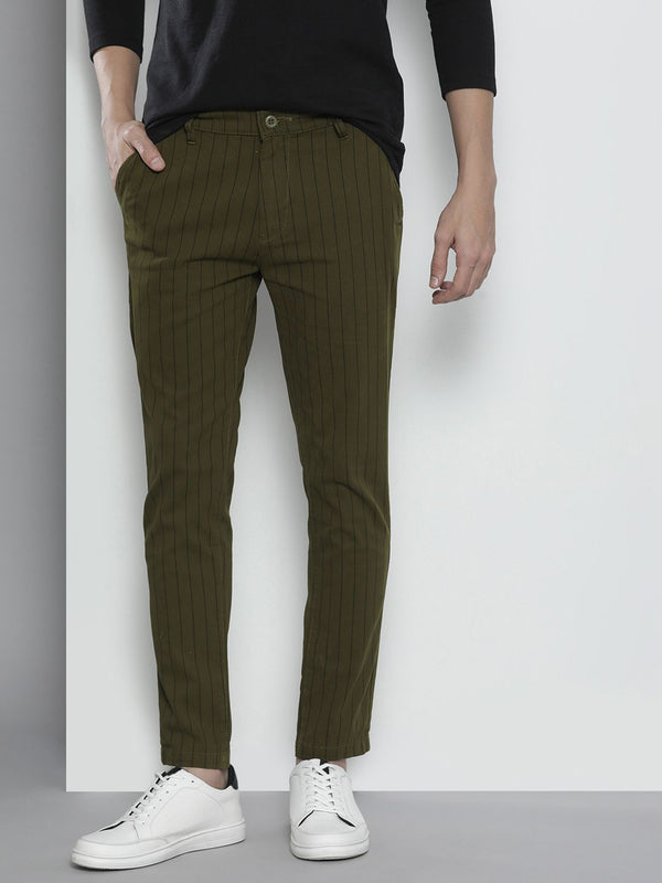 Garage CO Lelaki Olive Green Green Striped Slim Fit Chinos seluar