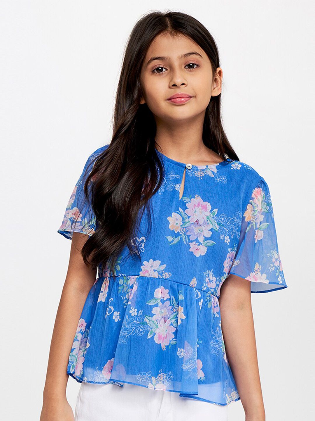 AND Blue Floral Print Bell sleeves Peplum Top
