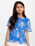 AND Blue Floral Print Bell sleeves Peplum Top