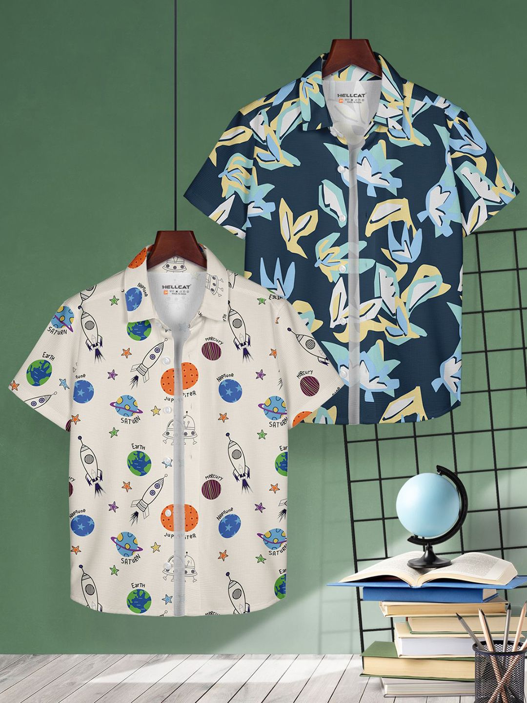 HELLCAT Boys Pack of 2 Cotton Conversational Opaque Printed Casual Shirt