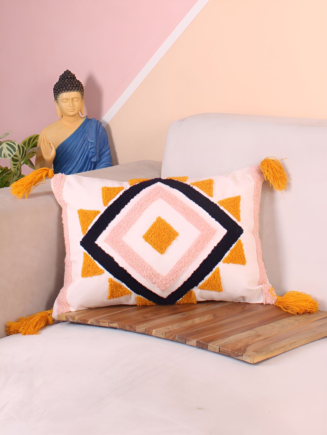 STITCHNEST Yellow & Black  Embroidered Rectangle Cushion Cover