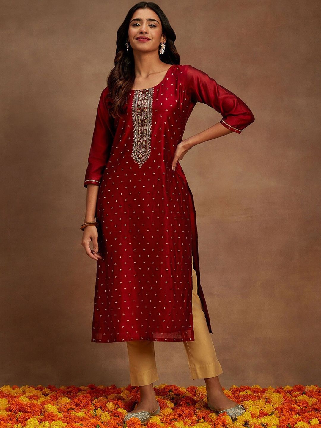 Libas Ethnic Motifs Woven Design Thread Work Detail Chanderi Silk Straight Kurta