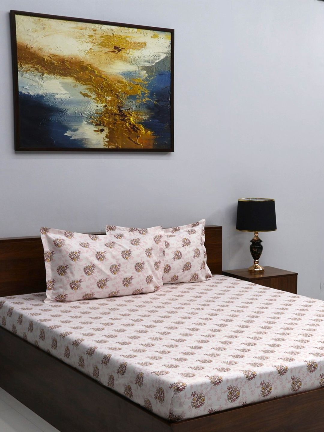 BOMBAY DYEING Yellow & Blue Floral 160 TC Queen Bedsheet with 2 Pillow Covers