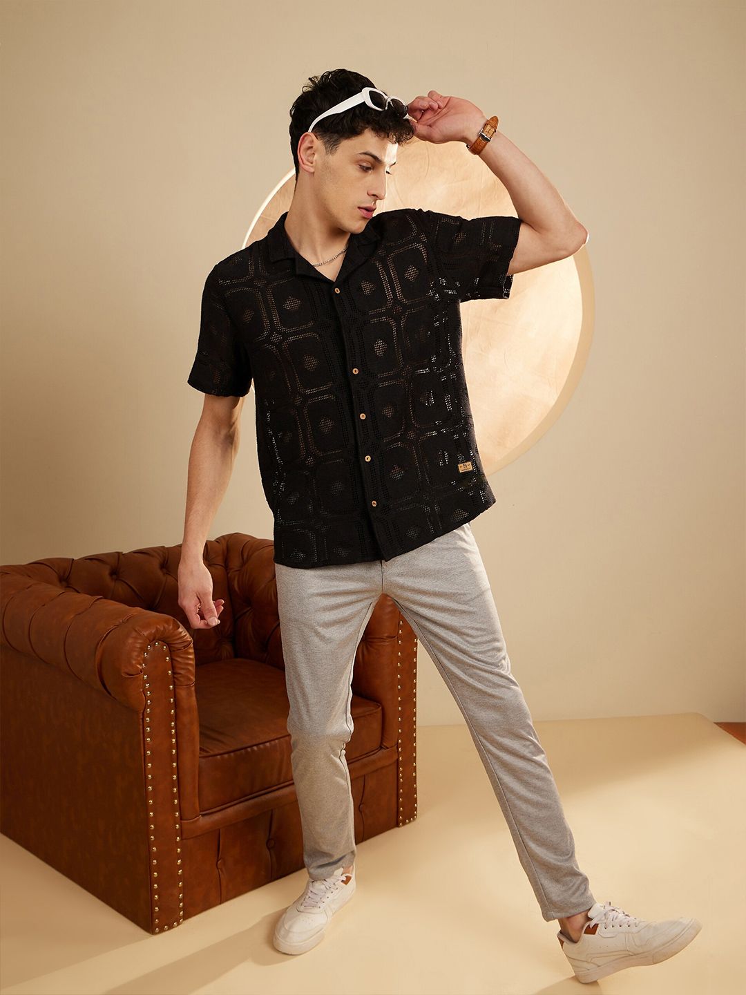 DENNISON Smart Self Designed Cuban Collar Semi Sheer Oversized Cotton Shirt