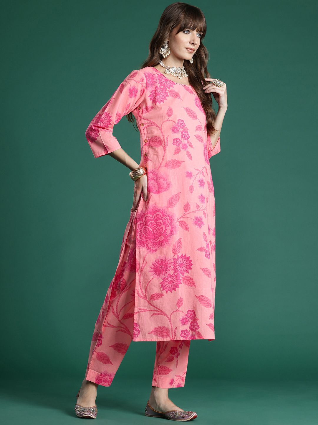 Indo Era Floral Printed Pure Cotton Kurta with Trousers & With Dupatta
