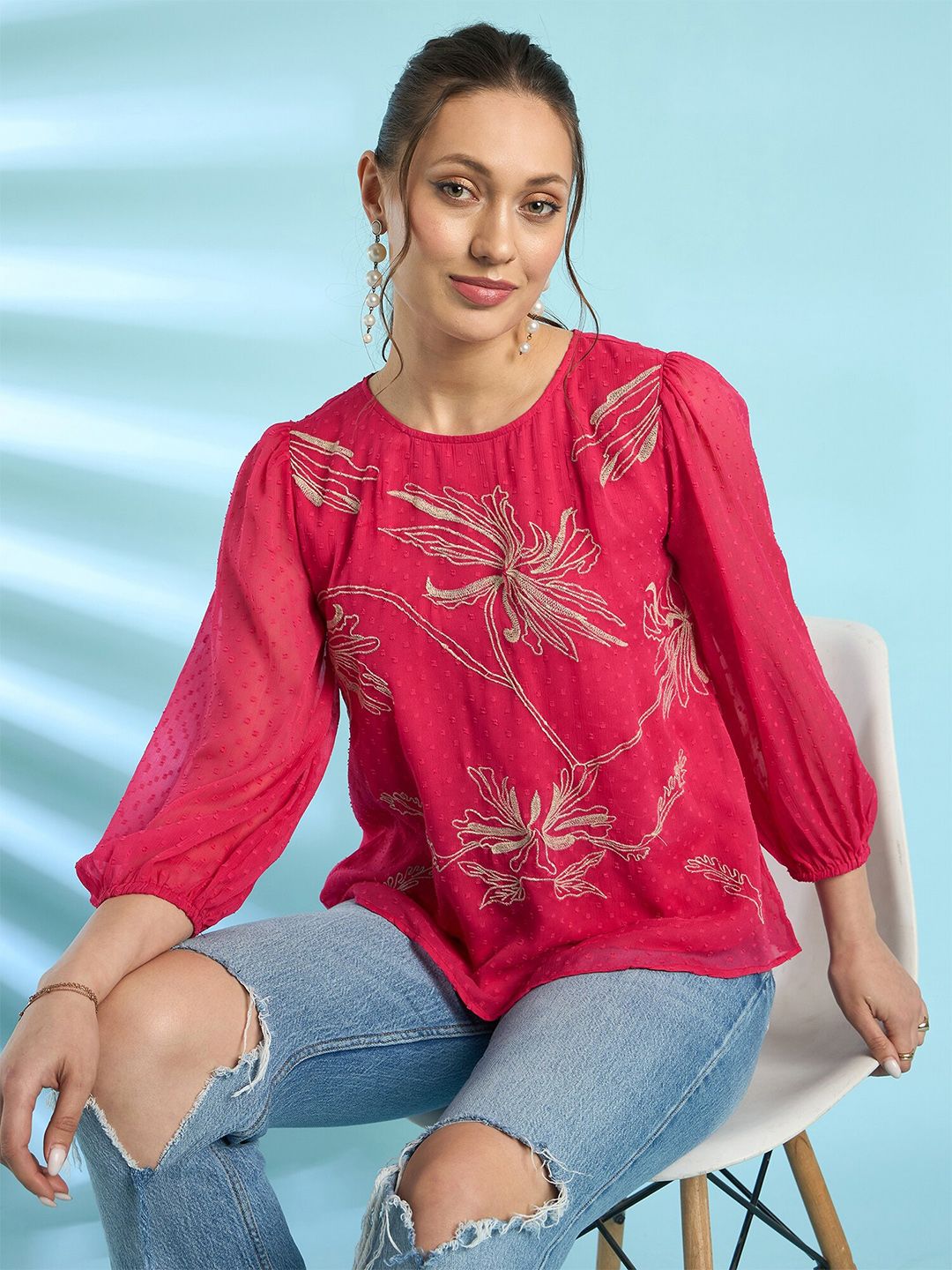 Antheaa Floral Embroidered Chiffon Top