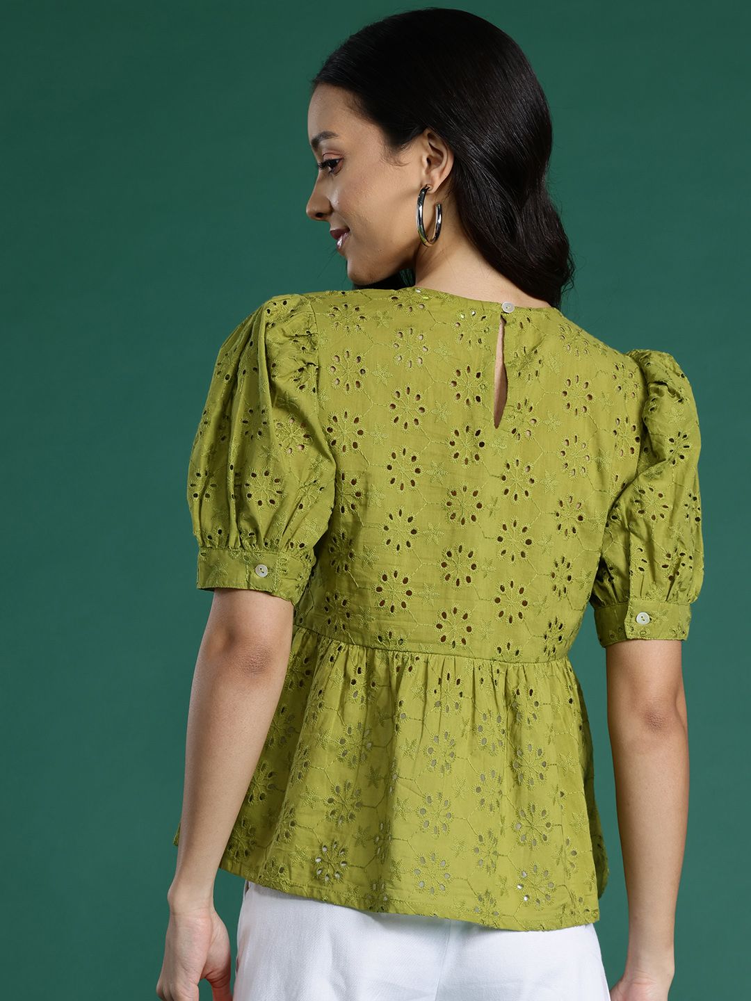 DressBerry Puff Sleeve Pure Cotton Schiffli Top