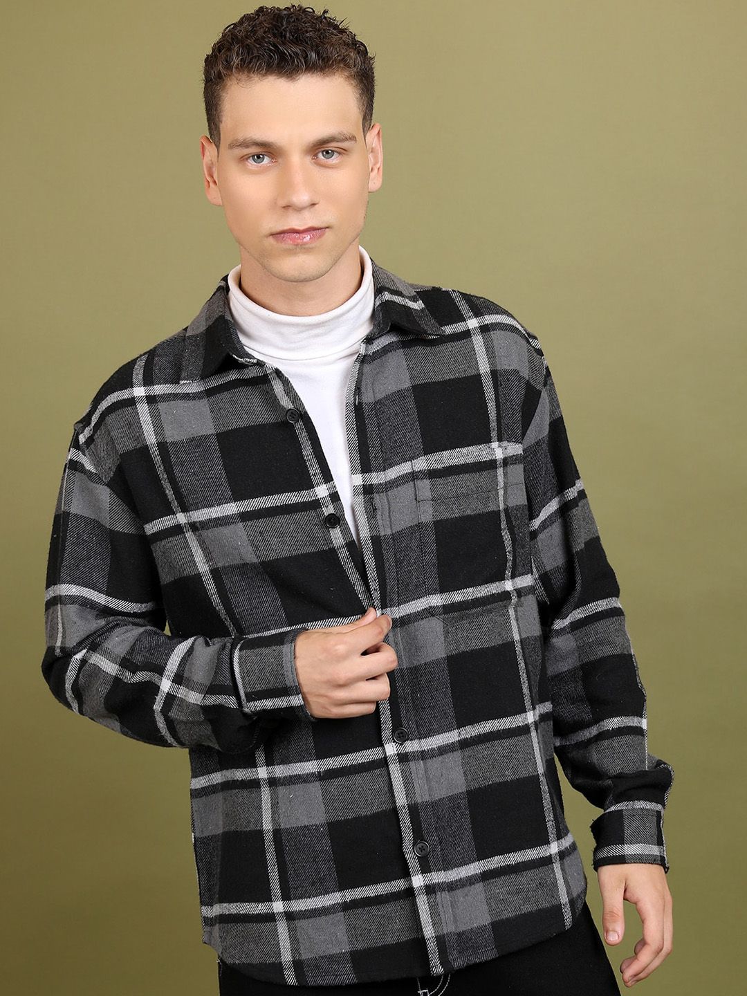 HIGHLANDER Checked Open Front Bomber Flannel Shirt