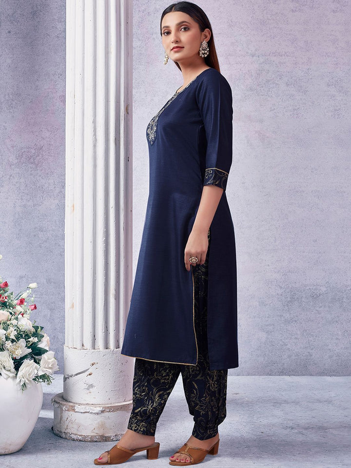 KALINI Ethnic Motifs Embroidered Round Neck Three-Quarter Sleeves Sequinned Kurta Set