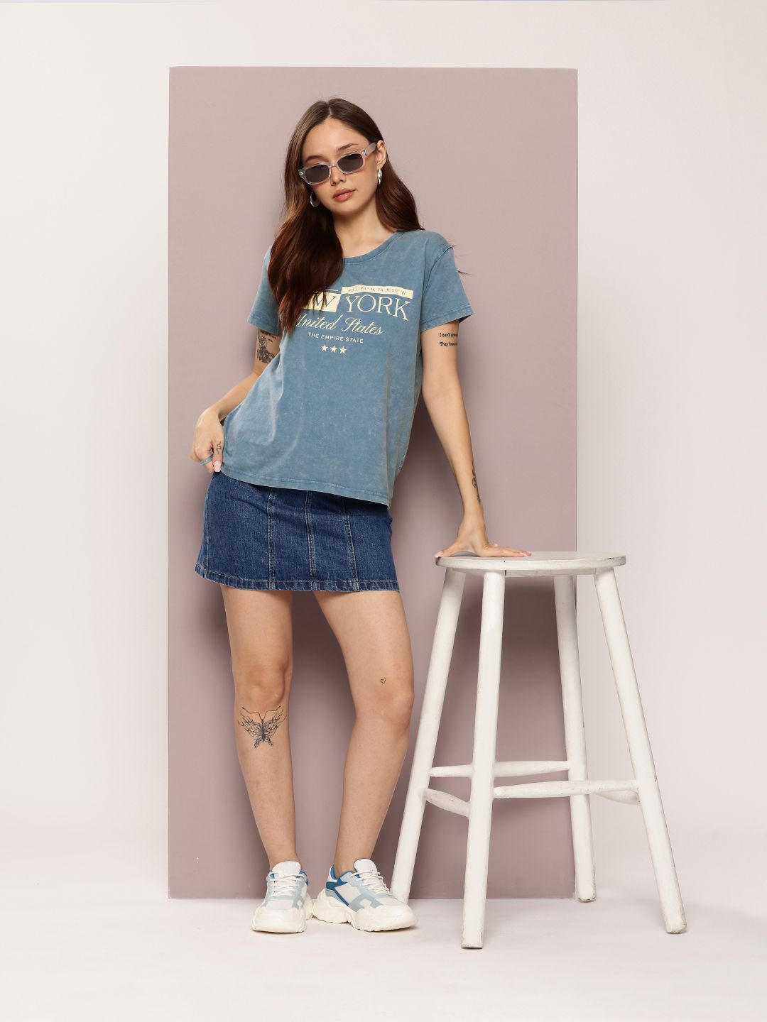 DILLINGER Women's Acid Washed Boxy Fit Varsity Printed Tshirt