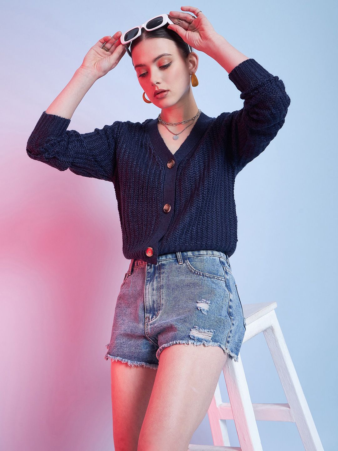STREET 9 Blue Ribbed Cardigan Acrylic Sweater