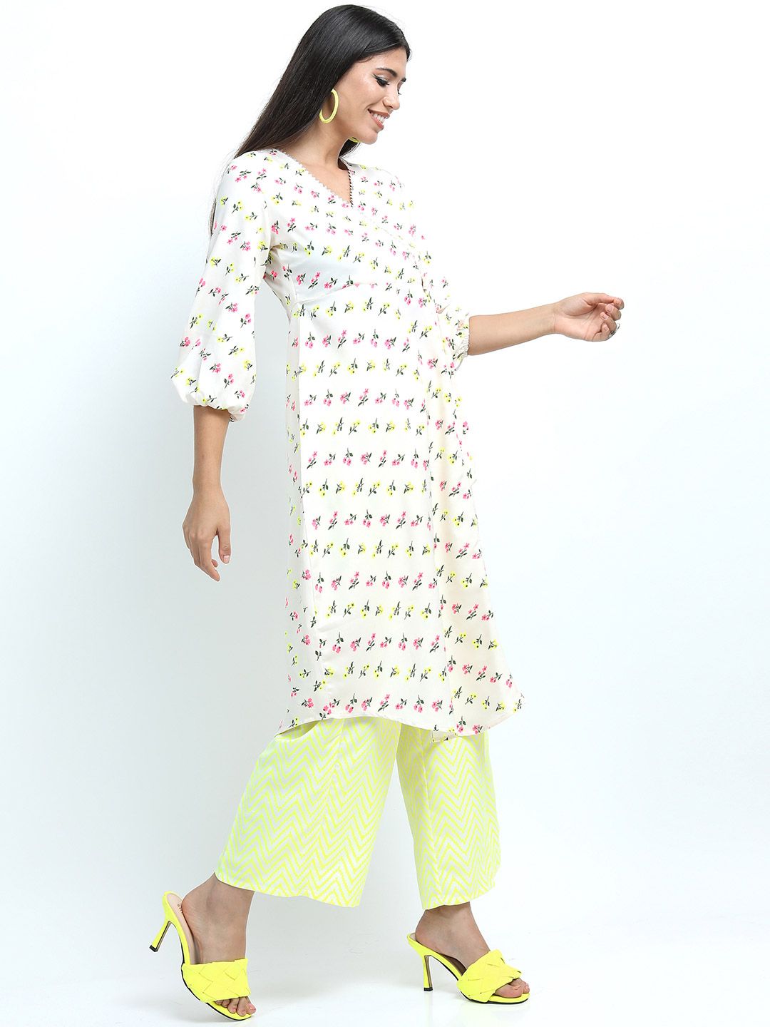 Vishudh Women Off White Floral Printed Angrakha Kurta with Trousers and dupatta