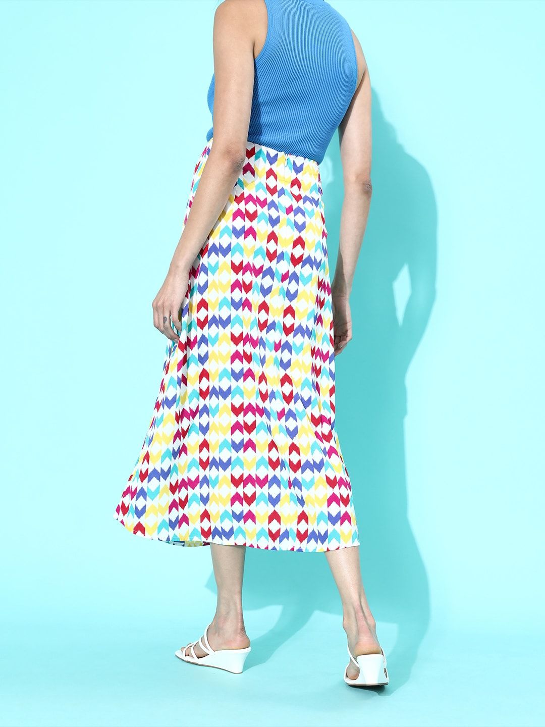 Berrylush Multicoloured Geometric Printed Polyester Crepe Casual Flared Midi A Line Skirt