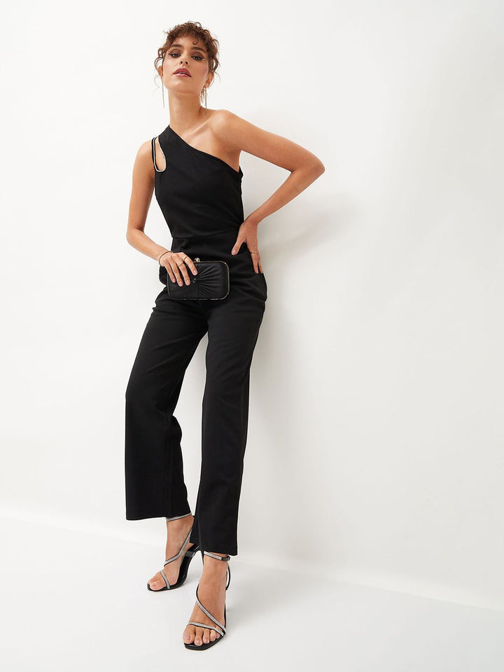SASSAFRAS Black One Shoulder Basic Jumpsuit