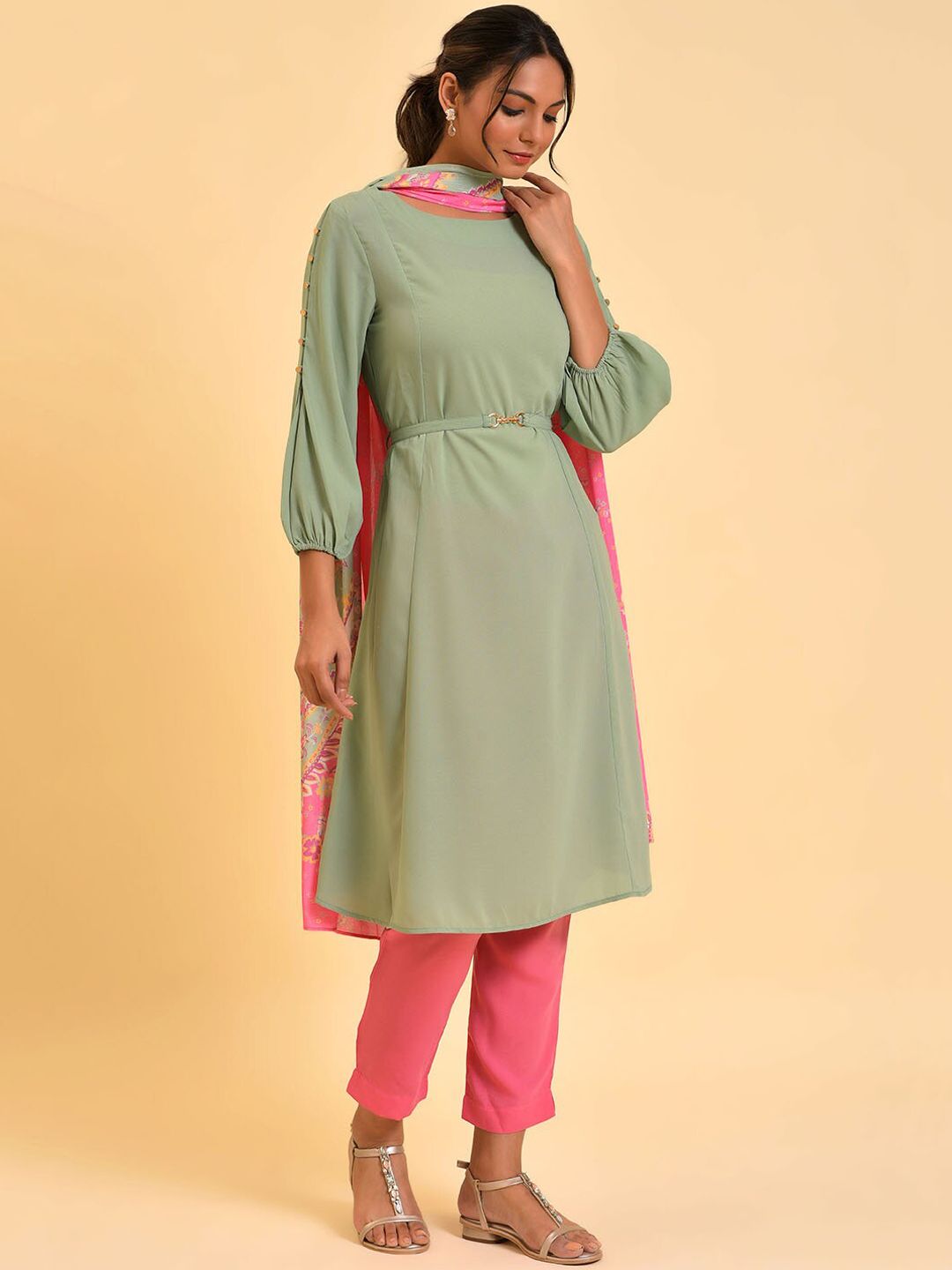 W Women Solid Kurta With Slim Pant & Dupatta