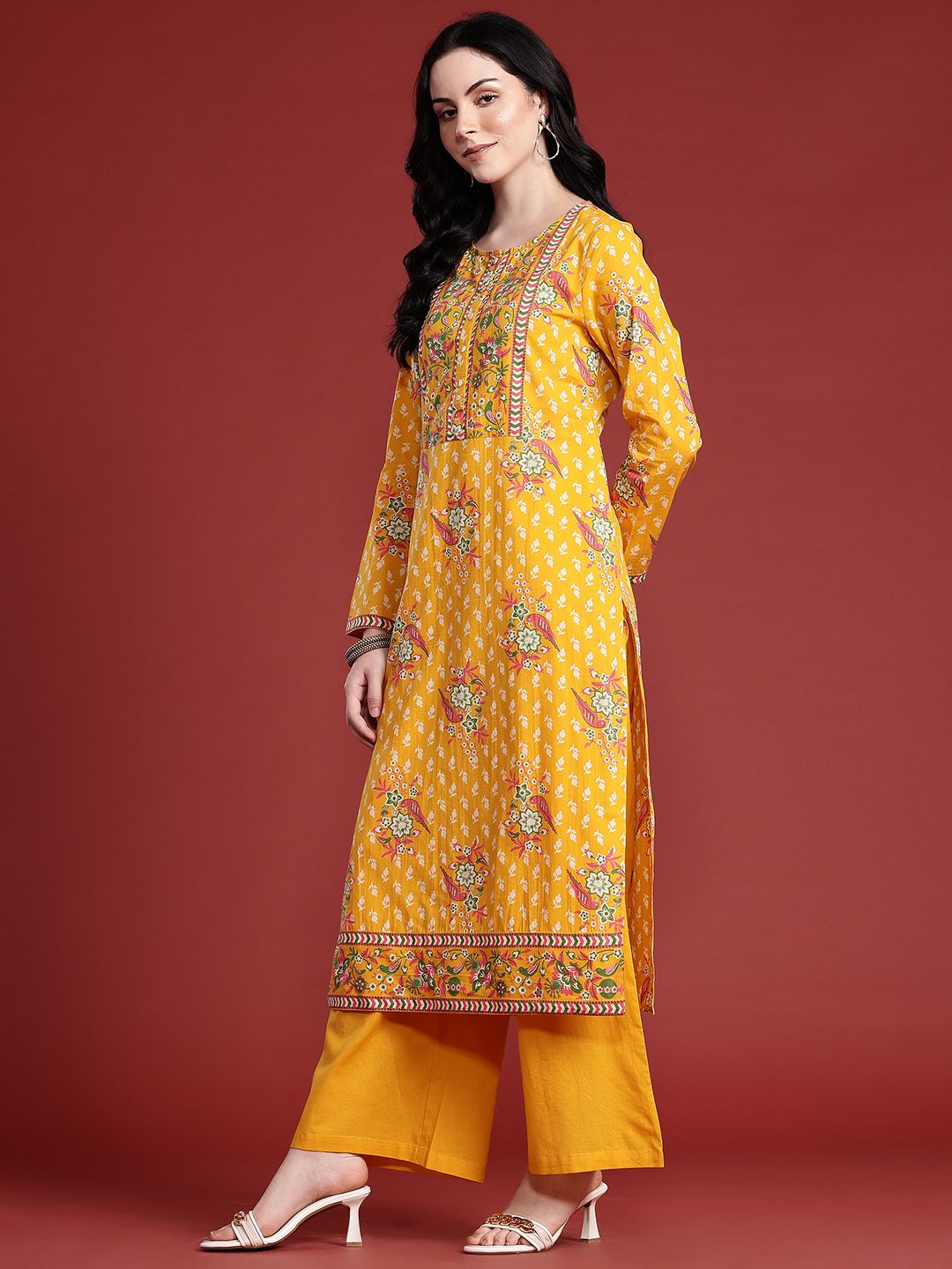 Anouk Women Indie Floral Print Regular Pure Cotton Kurta with Trousers