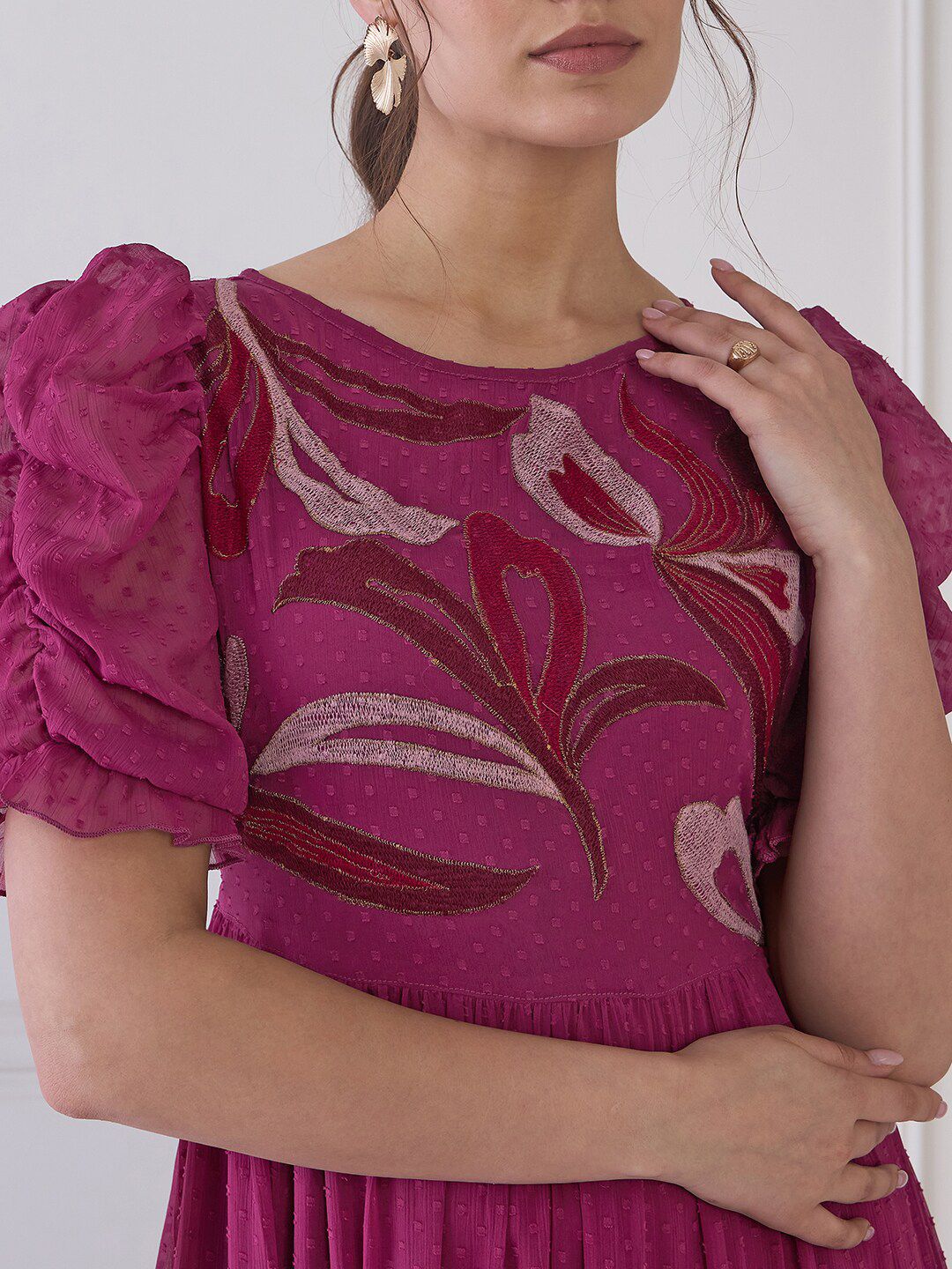 Antheaa Embroidered Round Neck Puff Sleeve Fit & Flare Midi Dress