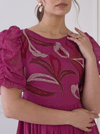 Antheaa Embroidered Round Neck Puff Sleeve Fit & Flare Midi Dress