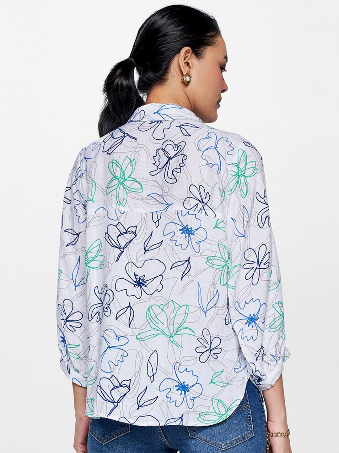 AND Floral Printed Cuffed Sleeves Shirt Style Top