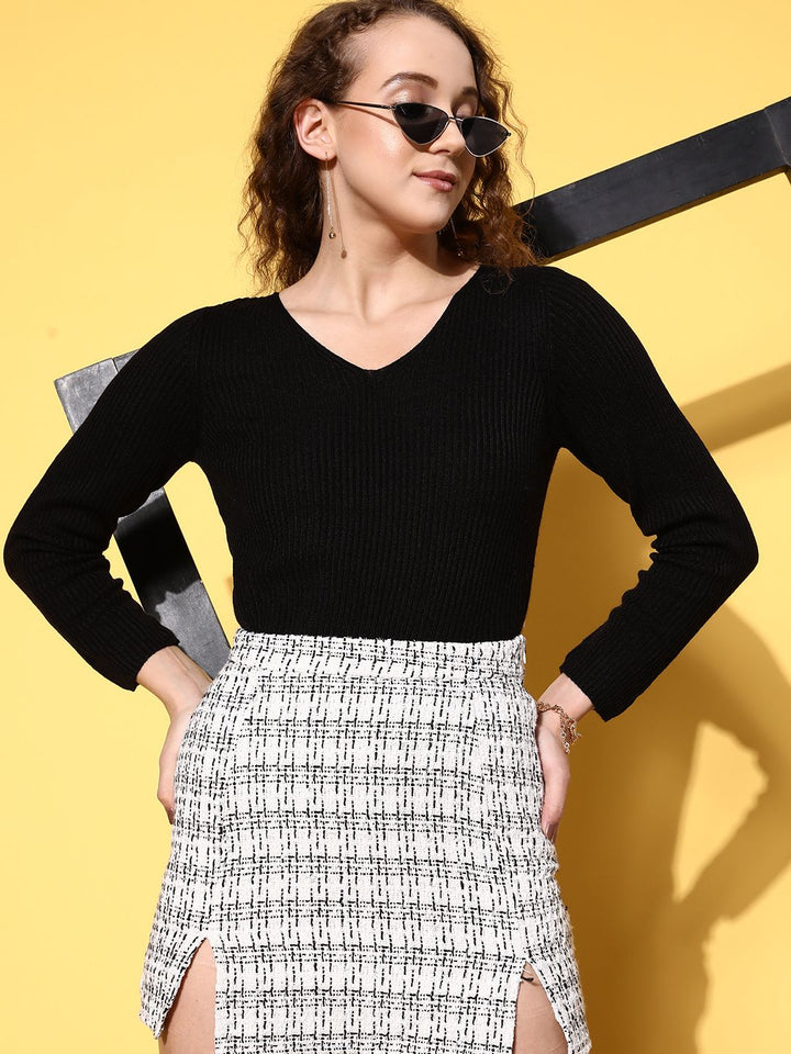 SASSAFRAS Women Black Ribbed Acrylic Pullover