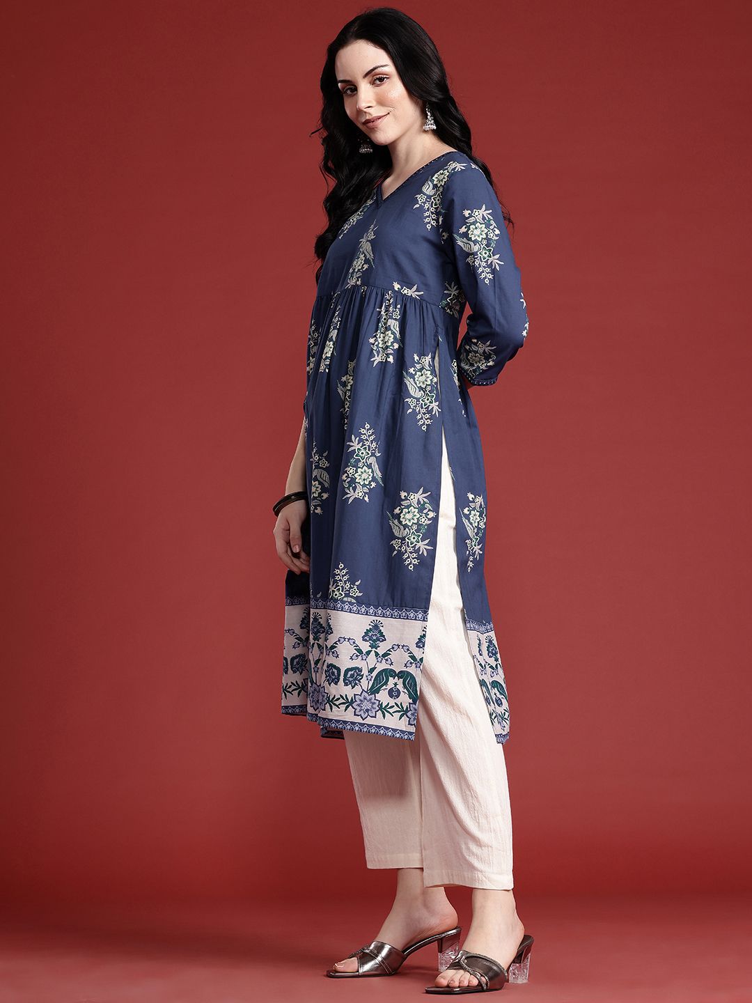 Anouk Women Floral Printed Pure Cotton Pleated A-Line Kurta