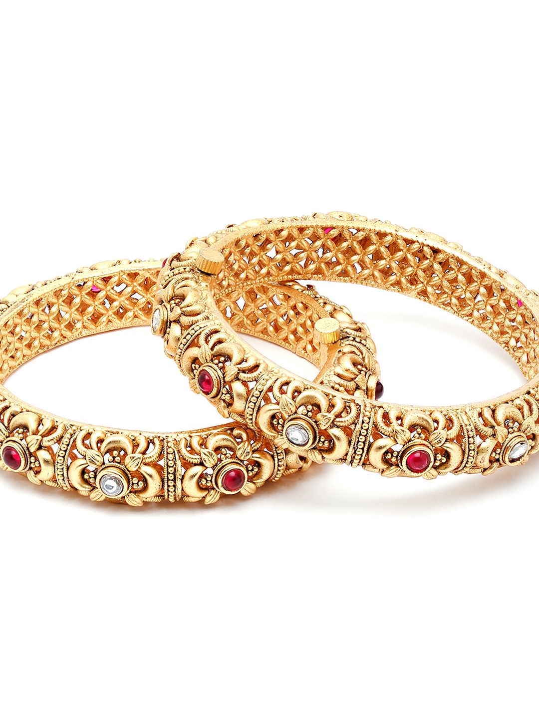 KARATCART Set Of 2 Gold-Plated White & Red Kundan-Studded Temple Bangles