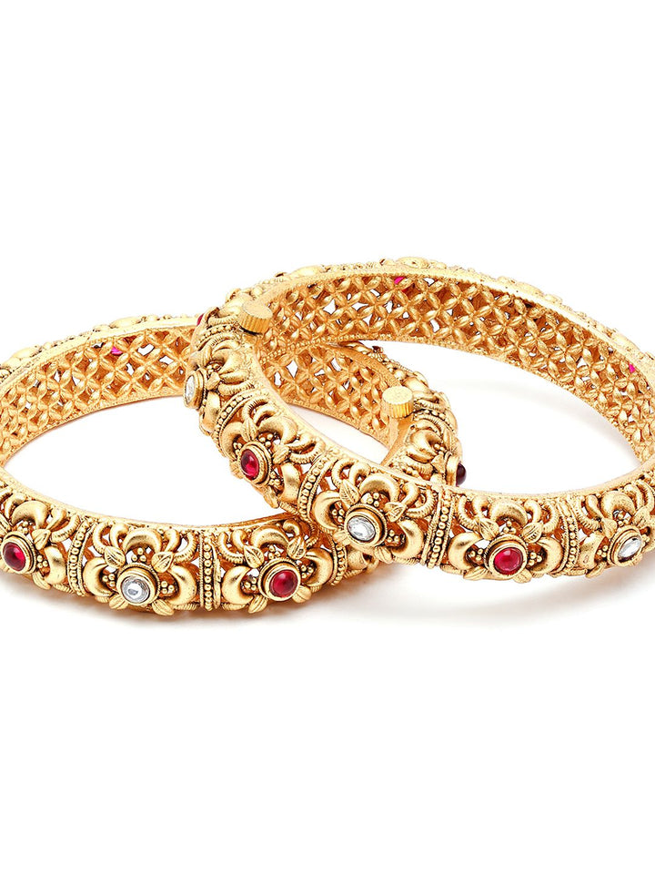 KARATCART Set Of 2 Gold-Plated White & Red Kundan-Studded Temple Bangles