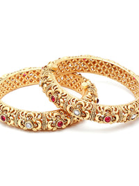 KARATCART Set Of 2 Gold-Plated White & Red Kundan-Studded Temple Bangles